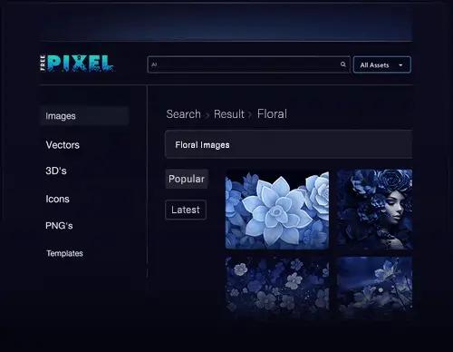 PixAI Tech Platforms FreePixel dashboard preview showing AI-powered image search and asset categories