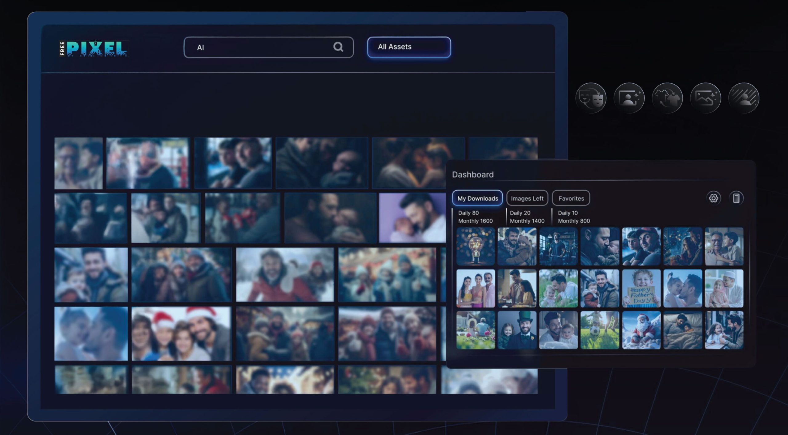 PixAI Tech Platforms FreePixel dashboard preview showing AI-powered visual search, categories, and subscription options