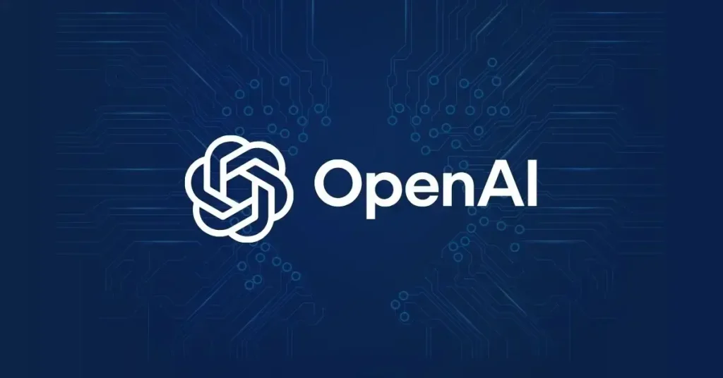 AI development -- OpenAI logo on a dark blue technology circuit background