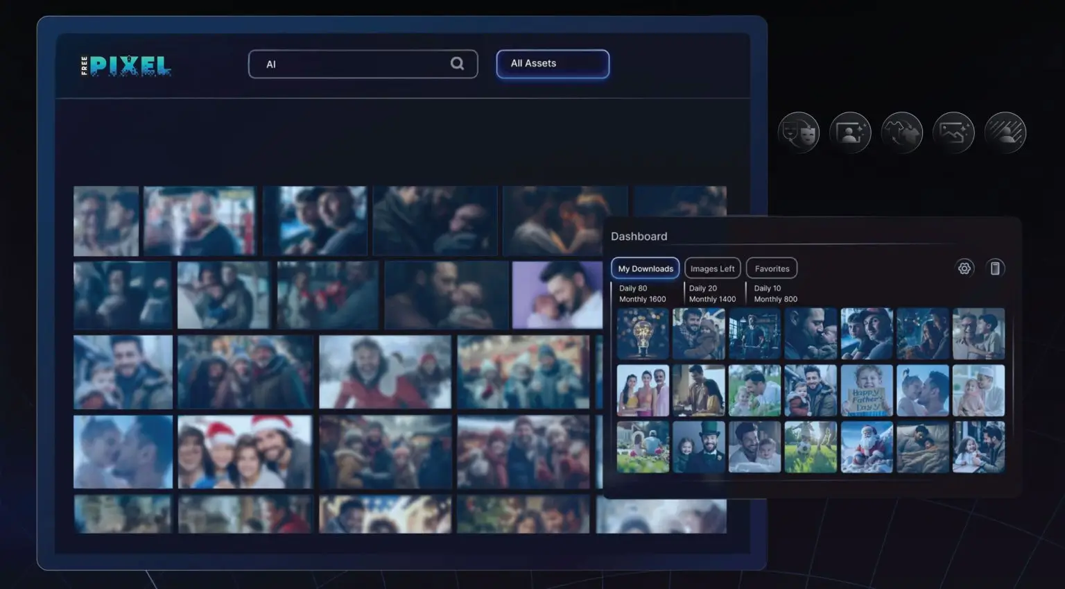 FreePixel digital asset platform interface with image library and user dashboard